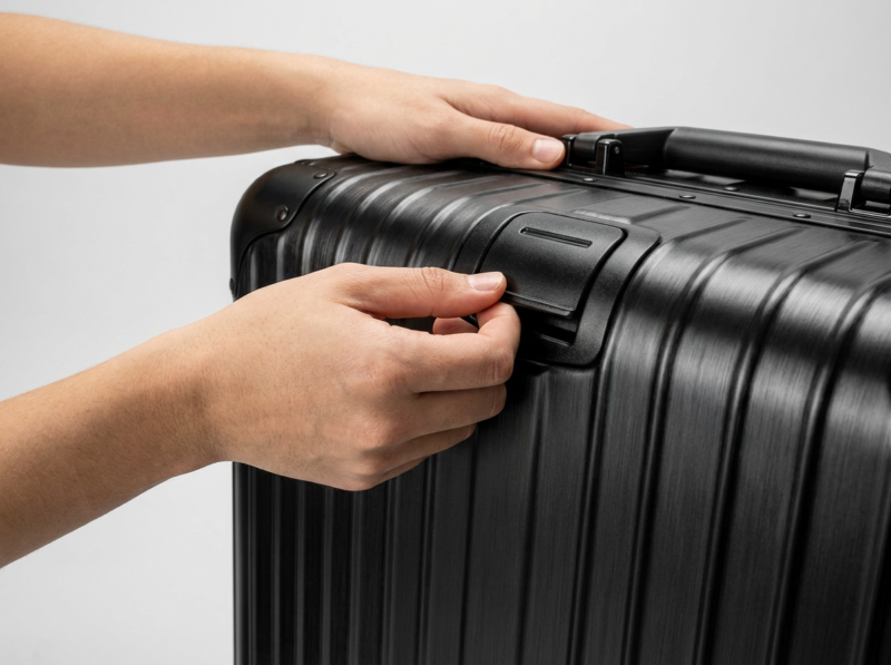 รับจำนำกระเป๋าเดินทาง Rimowa ทุกรุ่น ให้ราคาจำนำริโมว่าสูงที่สุด ปลอดภัย ได้เงินทันที มีสาขาทั่วกรุงเทพ 1 รับจำนำกระเป๋า Rimowa — มือกำลังจับกระเป๋า Rimowa สีดำ แสดงการตรวจสภาพ